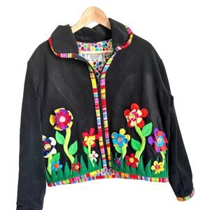Handmade Felt Quilted Jacket Cozy Wearable Art Hand Painted Faces on Flowers